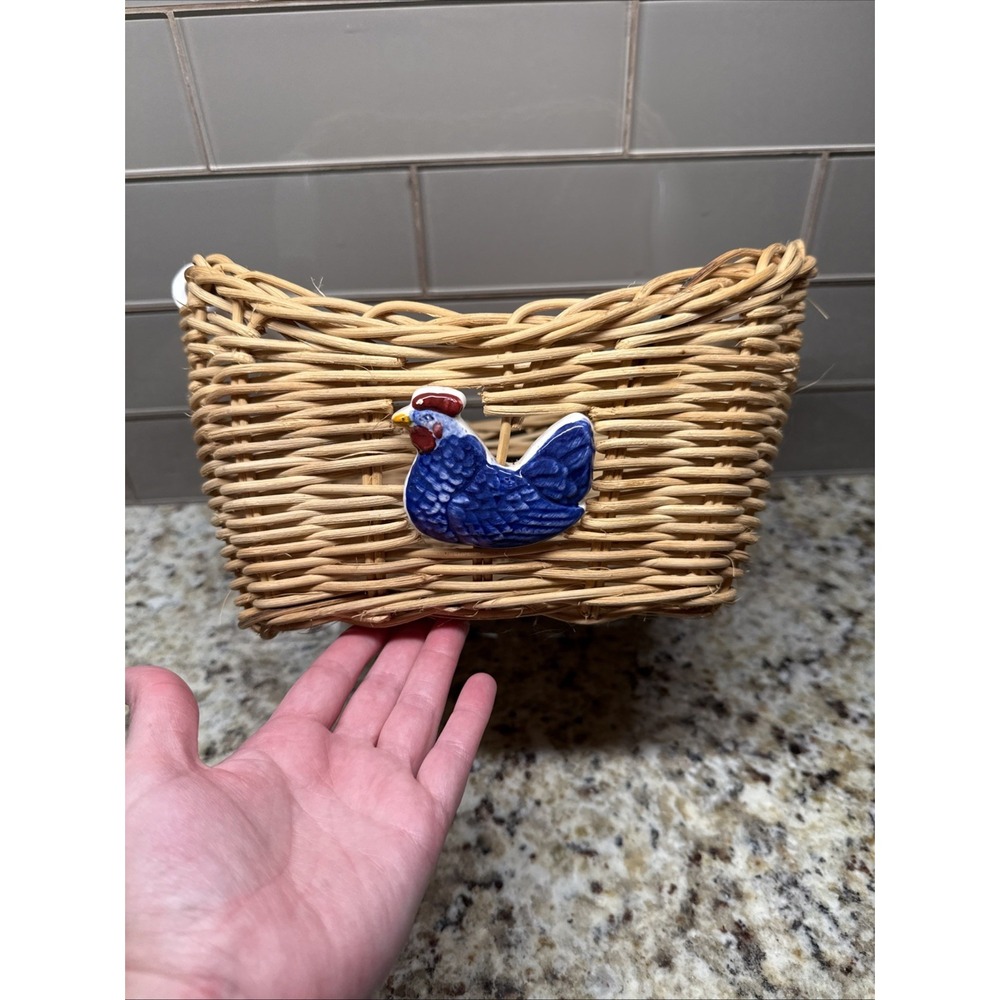 Basket With Ceramic Chicken On It And White Detailed Handles farmhouse